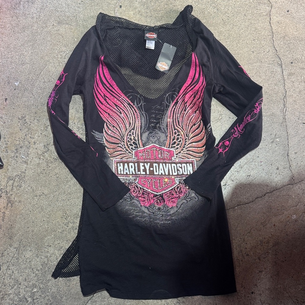 Harley-Davidson Women's Black Tee with Pink Wings